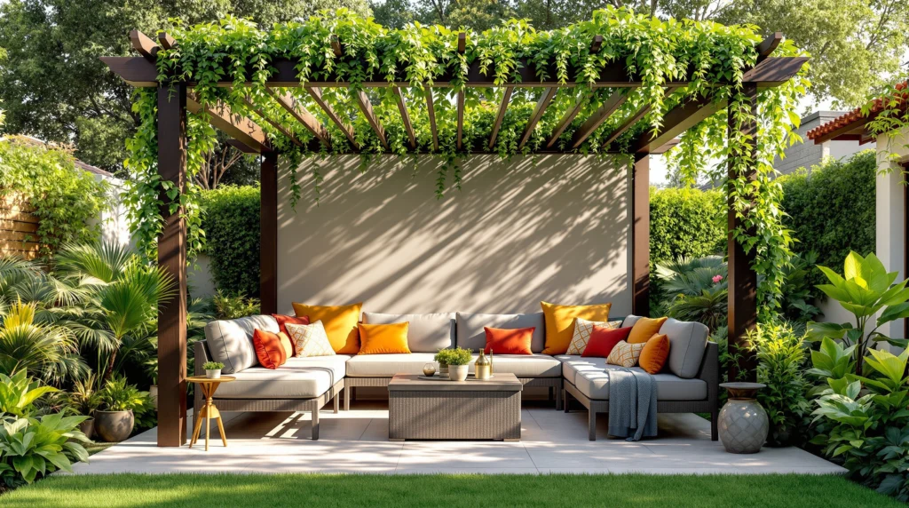 Modern outdoor furniture pergola with sleek aluminum dining set and lounge chairs under shade
